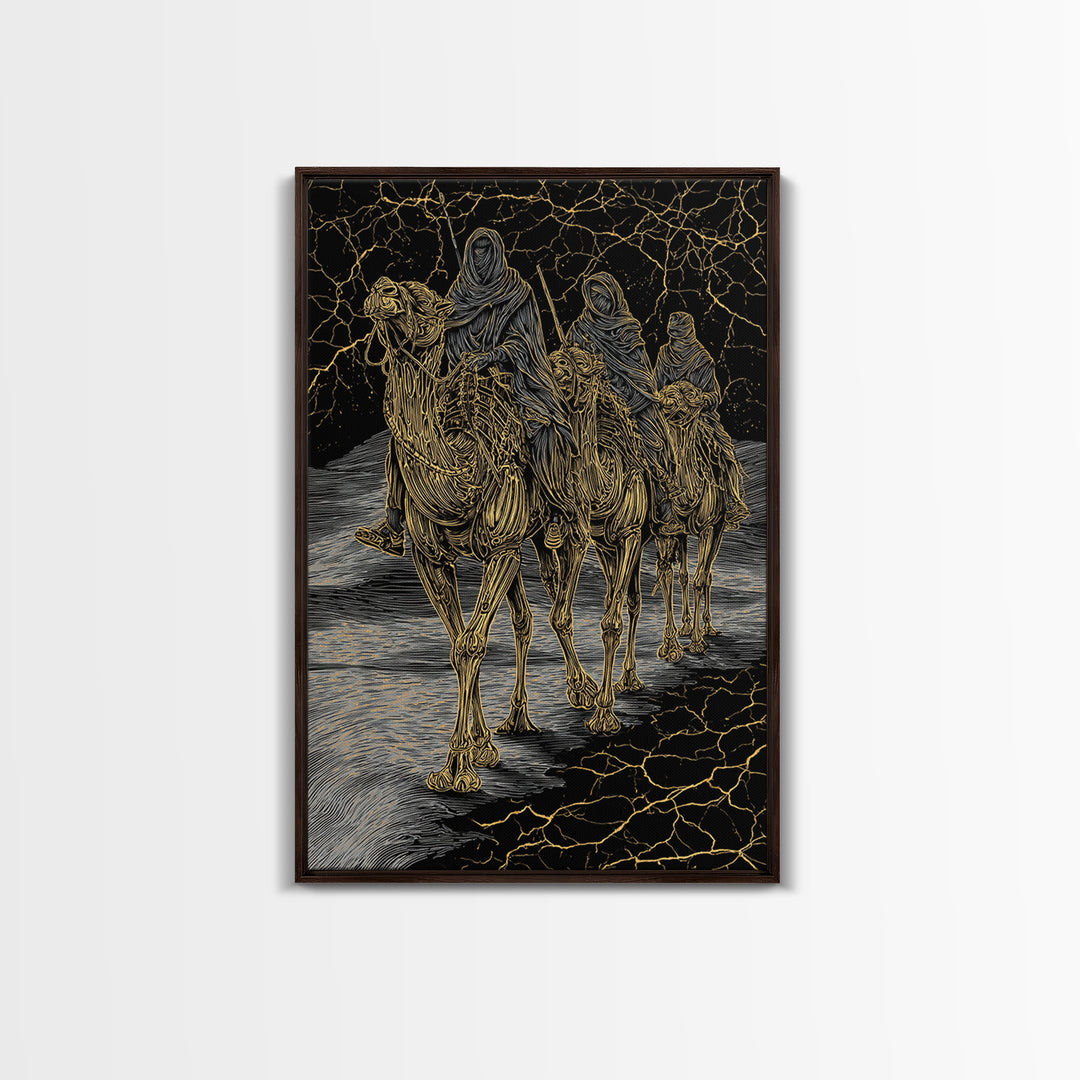Gold Line Camel Riders On Black Desert Wall Art, African Travel, Tribal Decor, Sahara Poster, Bold Boho Home Decor, Statement Piece