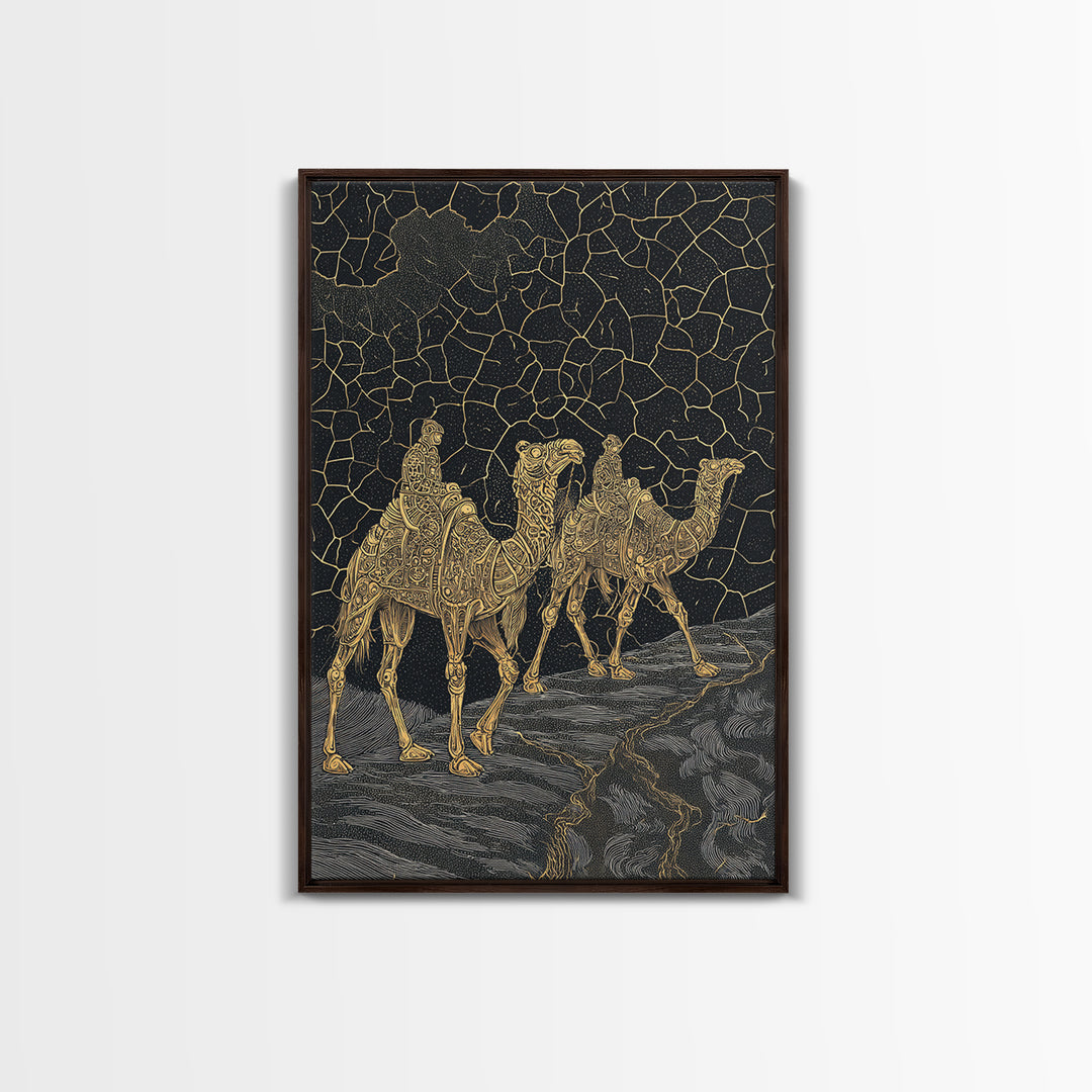 Ornate Golden Camel Caravan Under Stars Framed Canvas Print, African Wall Art, Sahara Travel Poster, Ethnic Home Decor Gift