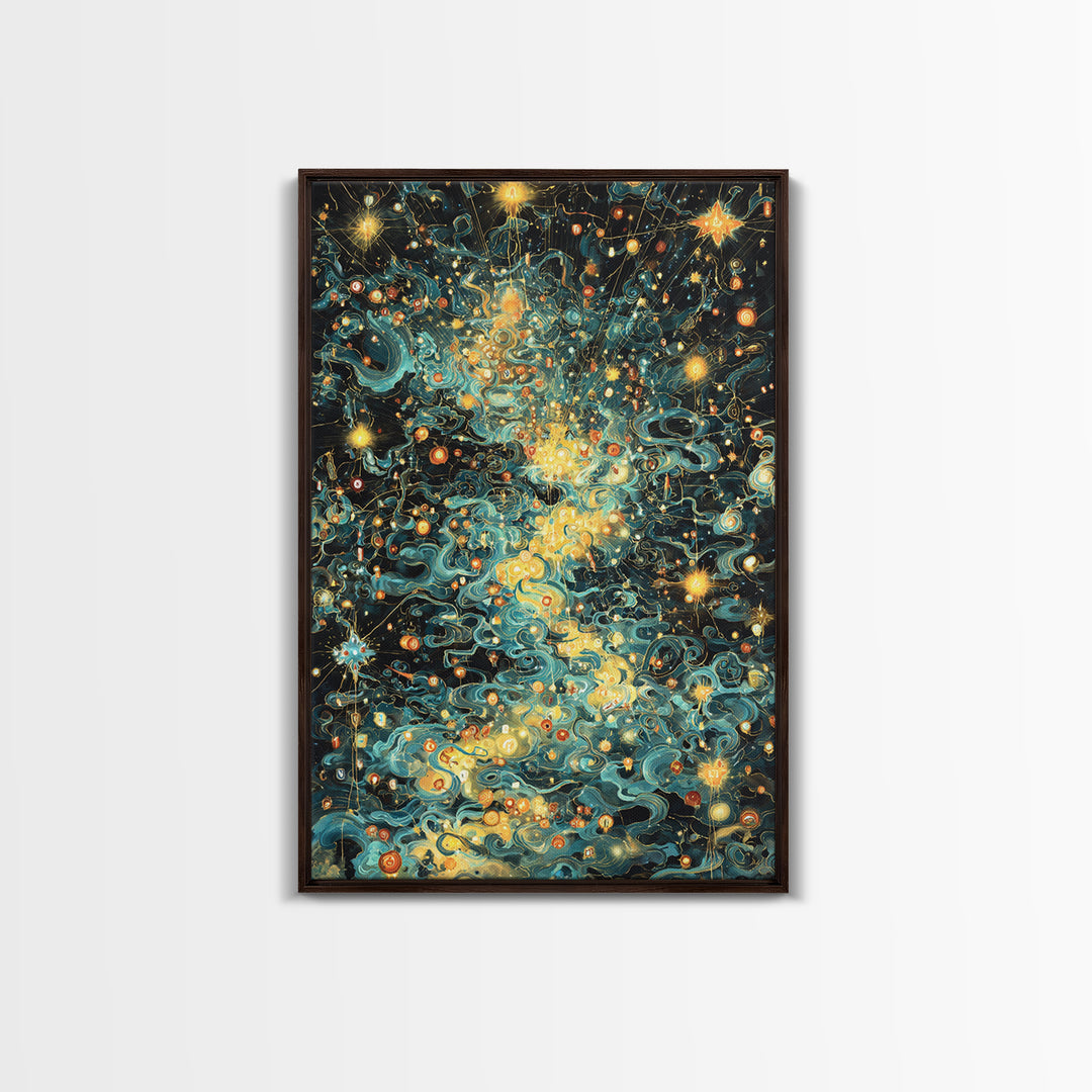 Glowing Celestial Swirls With Stars Canvas Print, Abstract Art, Teal And Gold Wall Decor, Dreamy Modern Home Decor, Gift For Her