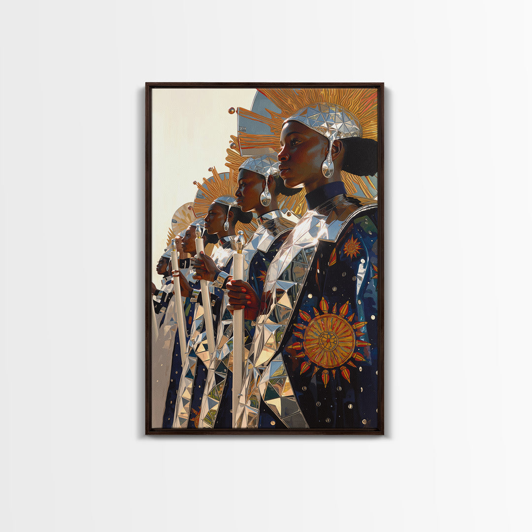 Afrofuturist Women In Silver Sun Armor Canvas Print, Black Women Art, African Queen, Empowered Women, Luxury Wall Decor Gift
