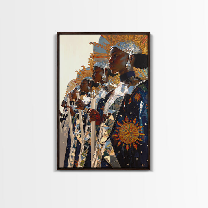Afrofuturist Women In Silver Sun Armor Canvas Print, Black Women Art, African Queen, Empowered Women, Luxury Wall Decor Gift