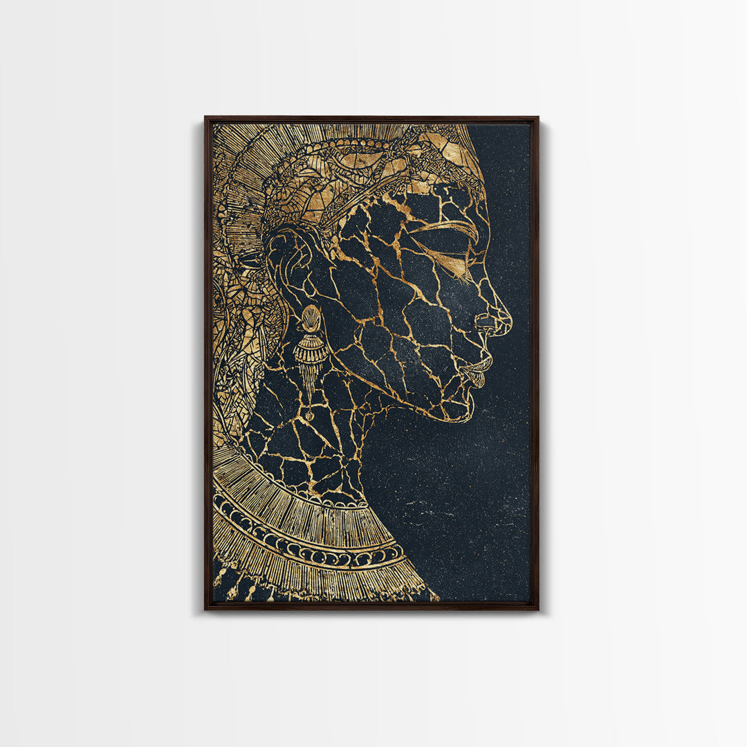 Gold Cracked African Queen Profile Wall Art, Black Woman Portrait, Afrocentric Decor, Luxury Canvas, Black And Gold Design