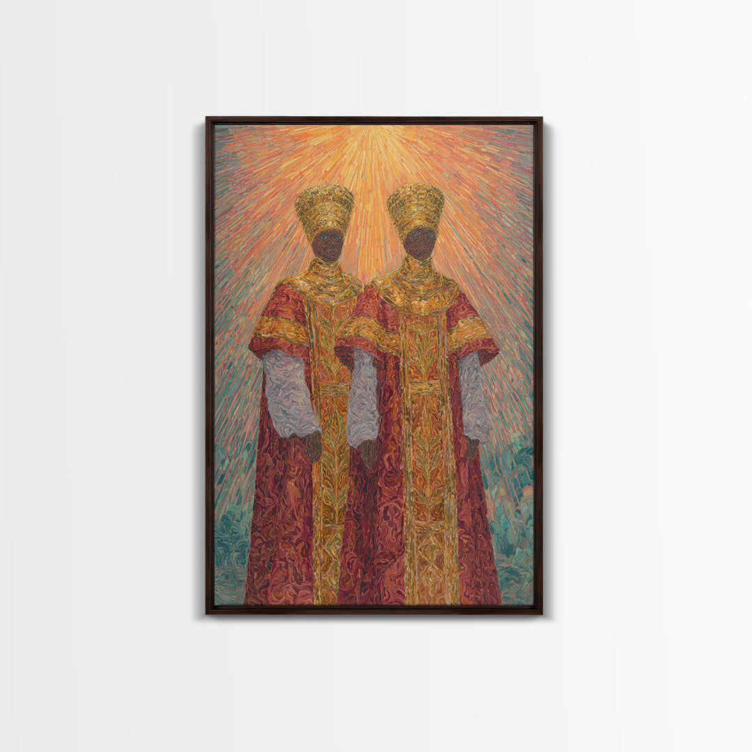 Two Radiant African Queens Canvas Print, Red Gold Royal Portrait, Afrocentric Wall Decor, African Women Art, Gift For Her