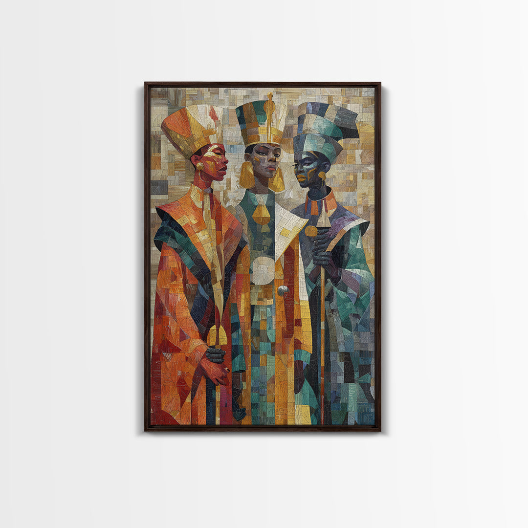 Three Regal African Figures Framed Canvas Print, Cubist Mosaic Portrait, Tribal Queen Art, Cultural Wall Decor, Bold Home Decor