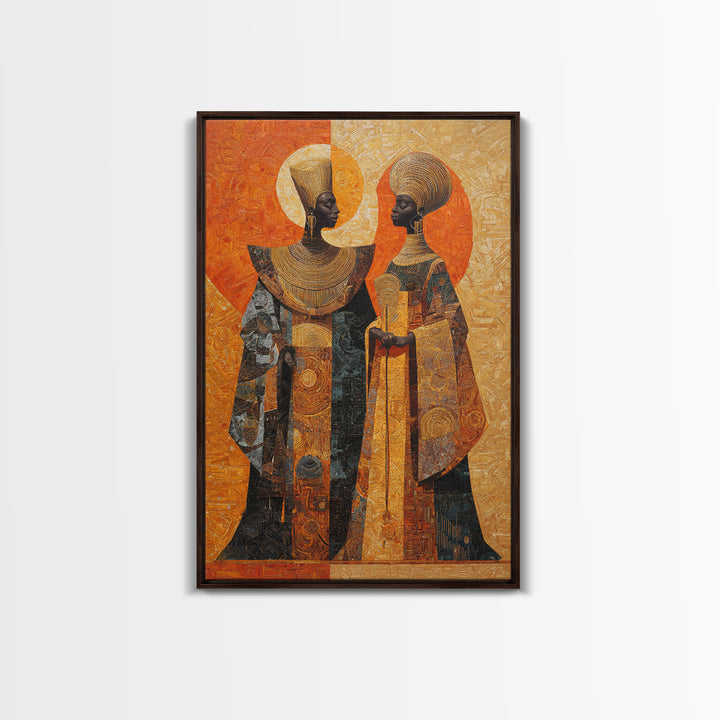 Orange Gold African Queen Pair Wall Art, Elegant Halo Portrait, Modern African Art, Black Woman Canvas, Earth Tone Decor