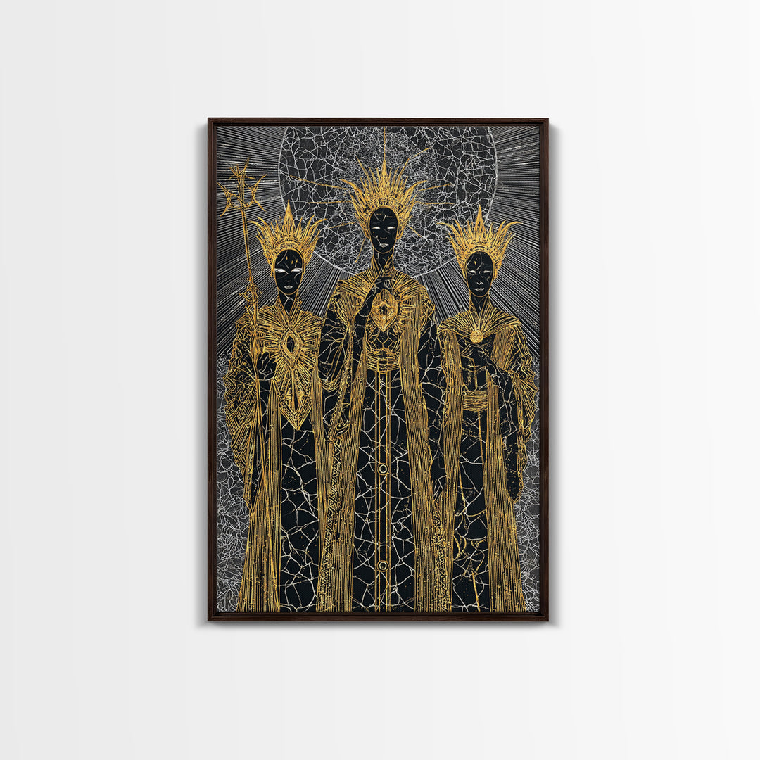 Three Black Gold Priestesses Canvas Print, Mystical African Portrait, Spiritual Wall Art, Goddess Artwork, Afrocentric Decor