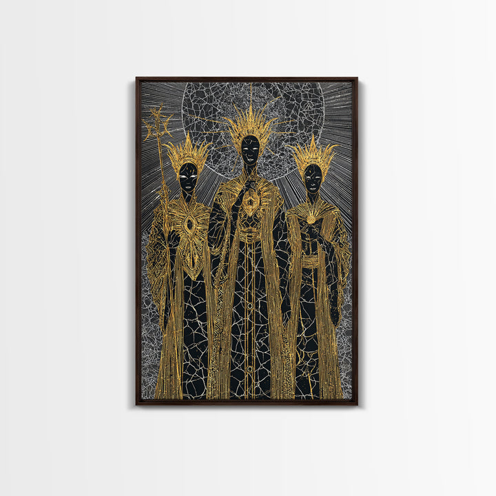 Three Black Gold Priestesses Canvas Print, Mystical African Portrait, Spiritual Wall Art, Goddess Artwork, Afrocentric Decor