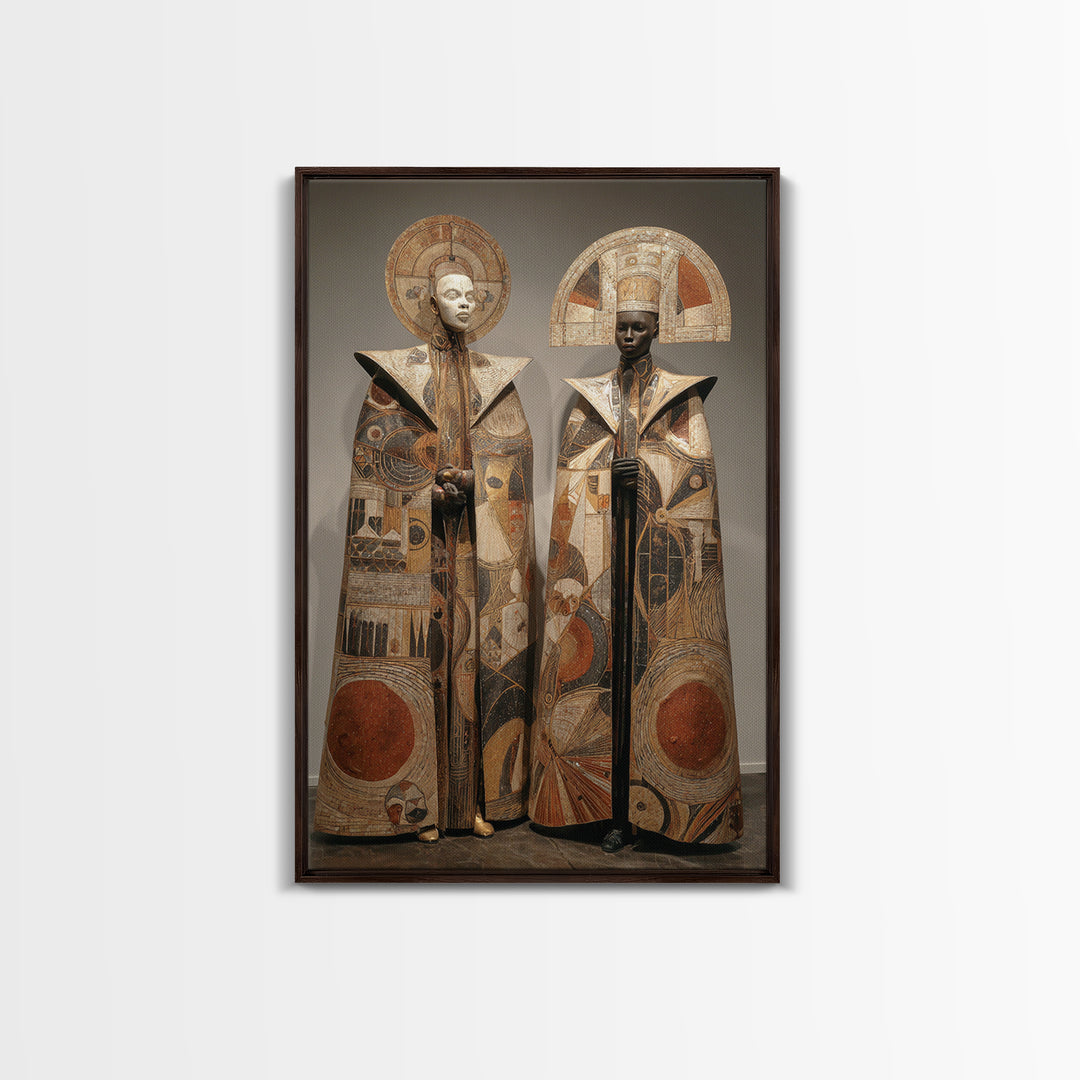 Earth Tone African Royal Figures Framed Canvas Print, Tribal Ceremony Portrait, African Art Decor, Cultural Home Decor Gift