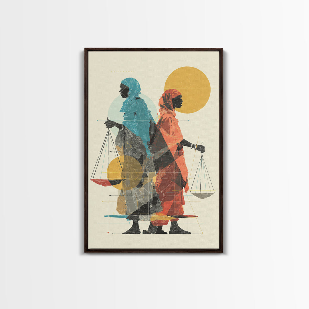 Two Veiled African Women With Scales Canvas Print, Modern Justice Portrait, Afrocentric Wall Decor, Feminine Wall Art Gift