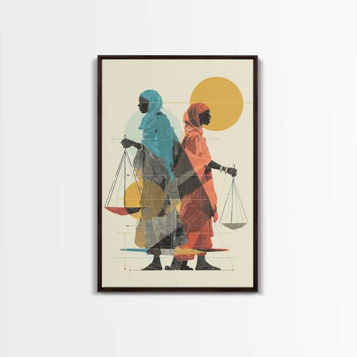 Two Veiled African Women With Scales Canvas Print, Modern Justice Portrait, Afrocentric Wall Decor, Feminine Wall Art Gift