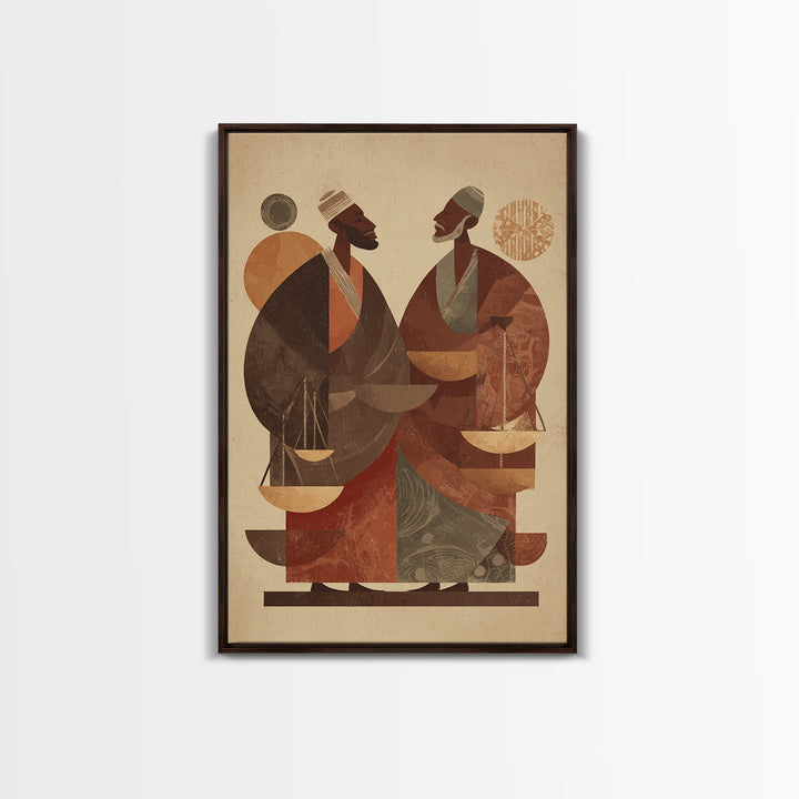 Two African Men With Balance Scales Framed Canvas Print, African Wall Art, Cultural Art Print, Afrocentric Home Decor Gift