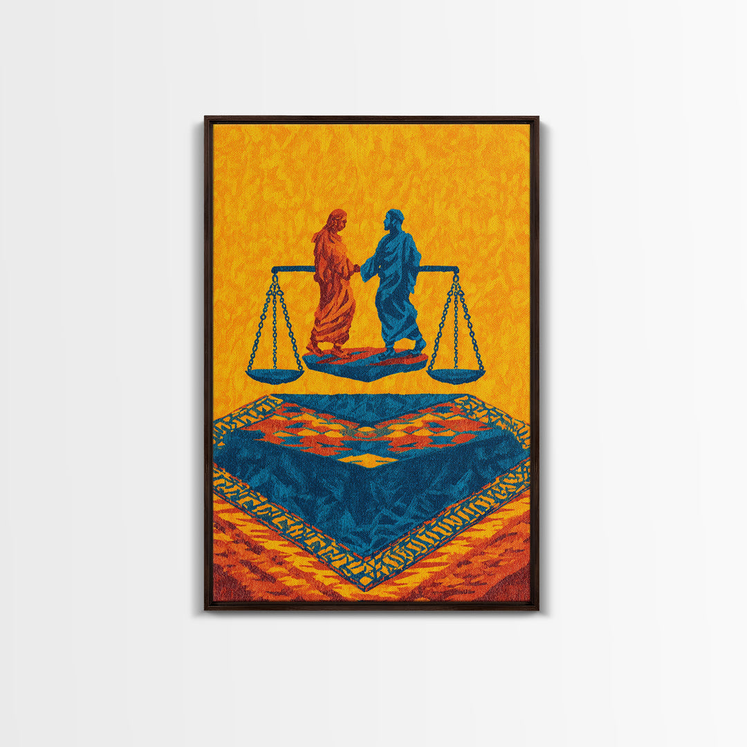Balanced Figures On Blue Rug Wall Art, African Inspired Justice Painting, Cultural Wall Decor, Bold Afrocentric Canvas Print