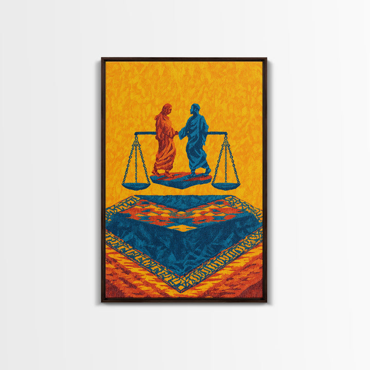 Balanced Figures On Blue Rug Wall Art, African Inspired Justice Painting, Cultural Wall Decor, Bold Afrocentric Canvas Print