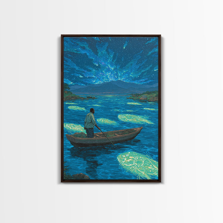 Starlit Fisherman On Glowing Blue Lake Canvas Print, African Landscape Wall Art, Dreamy Nature Scene, Unique Home Decor Gift