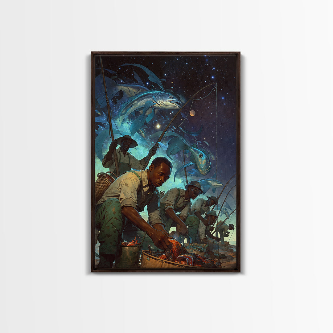 Cosmic Fishermen Under Giant Flying Fish Wall Art, African Safari Art Print, Black Men Portrait, Fantasy Coastal Decor Gift