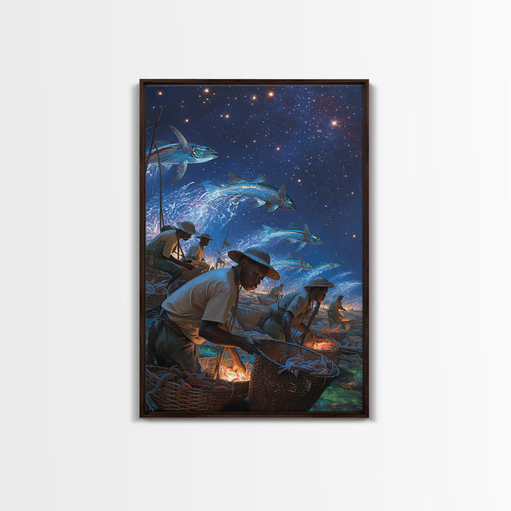 Starry Night Fishermen With Baskets Canvas Print, African Wall Art, Black Men Coastal Scene, Magical Fish Ocean Decor Gift