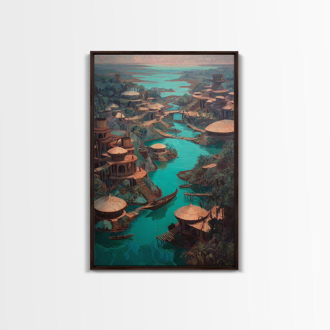 Turquoise River Village With Round Huts Wall Art, African Landscape Canvas Print, Jungle African Decor, Unique Living Room Art