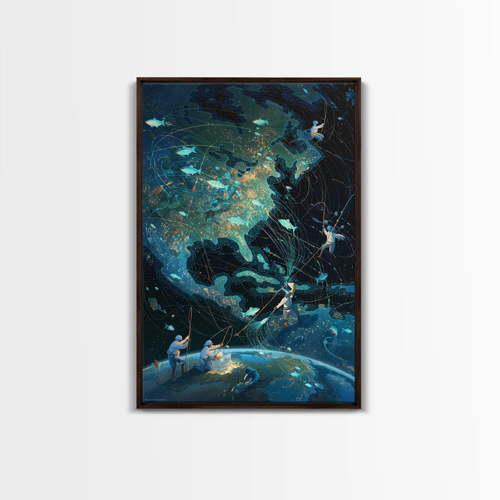 Glowing North America Fishing Map Wall Art, Whimsical Ocean Canvas Print, Teal Adventure Decor For Office And Living Room
