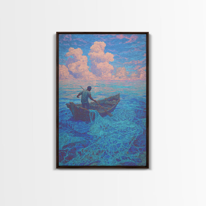 Lone Fisherman On Turquoise Sea Canvas Print, Dreamy Tropical Wall Art, Coastal Nature Decor For Bedroom And Office Gift