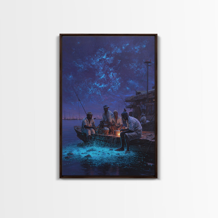 Night Fishermen With Glowing Nets Framed Canvas Print, Blue Coastal Wall Art, Contemporary Harbor Decor For Home Office Gift