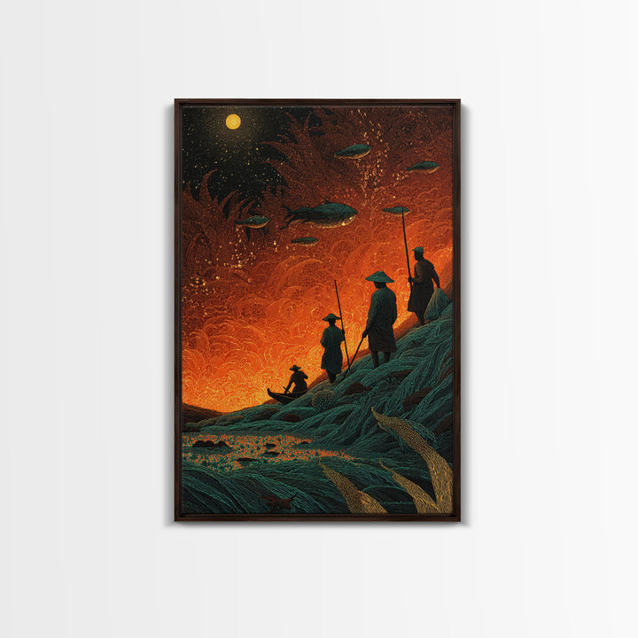 Silhouetted Travelers Under Fiery Sky Wall Art, Orange Sci Fi Canvas Print, Surreal Adventure Decor For Office Gift And Home