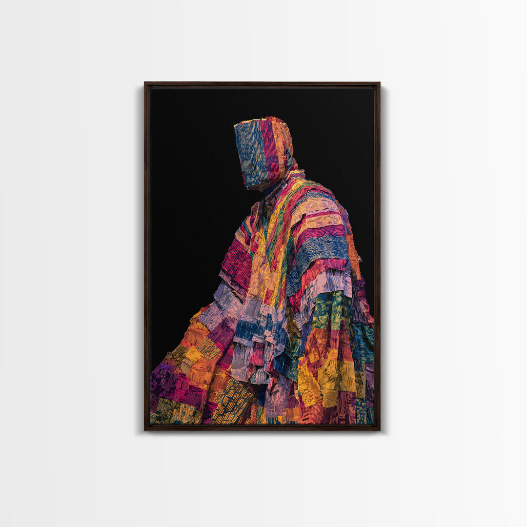 Masked African Textile Seated Figure Framed Canvas Print, Afrocentric Portrait, Vibrant Tribal Art, Cultural Wall Decor Gift