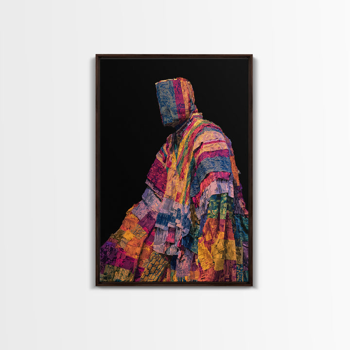 Masked African Textile Seated Figure Framed Canvas Print, Afrocentric Portrait, Vibrant Tribal Art, Cultural Wall Decor Gift