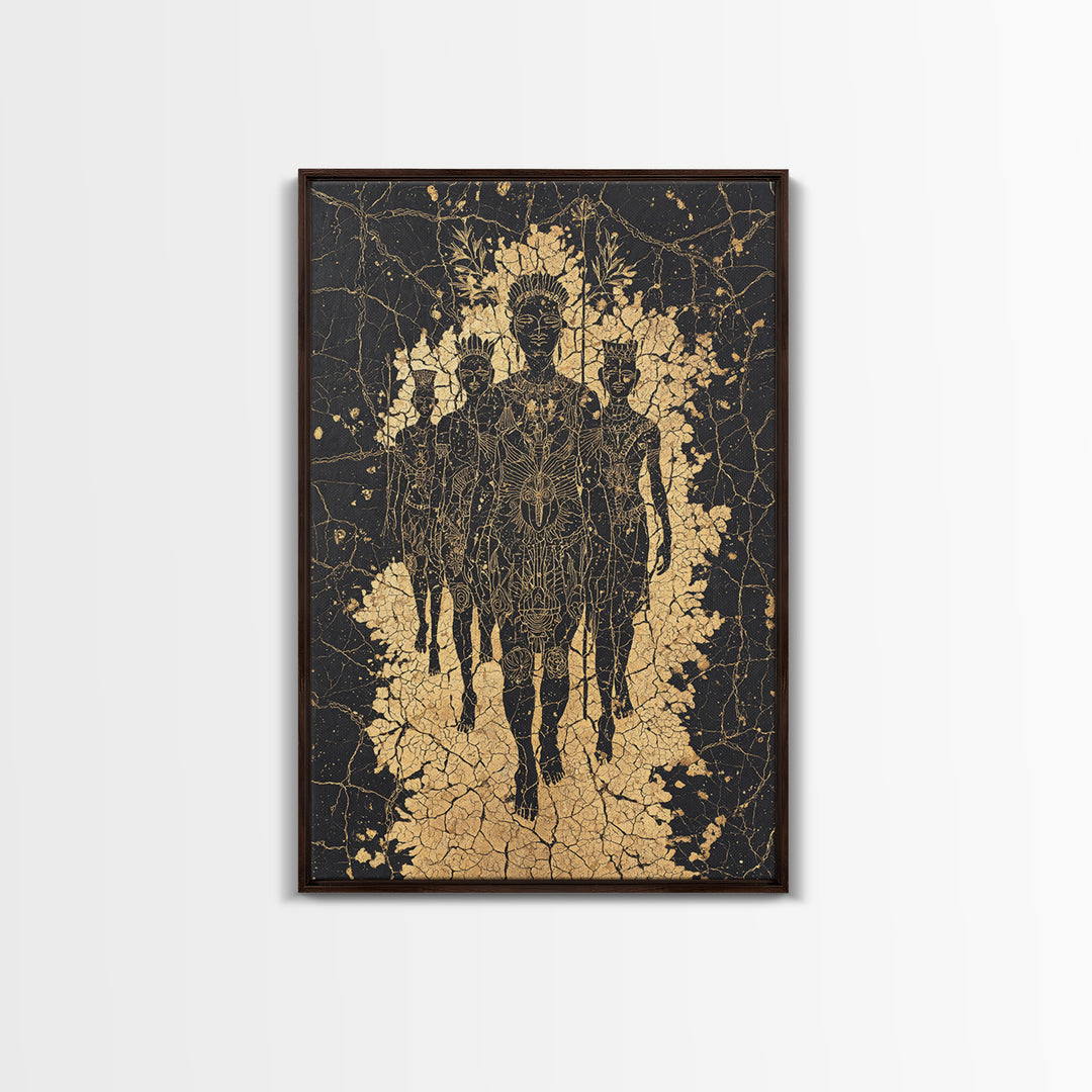 Golden Ancestral Silhouette Trio Wall Art, African Abstract Figures, Black Culture Art, Spiritual Afrocentric Decor Gift