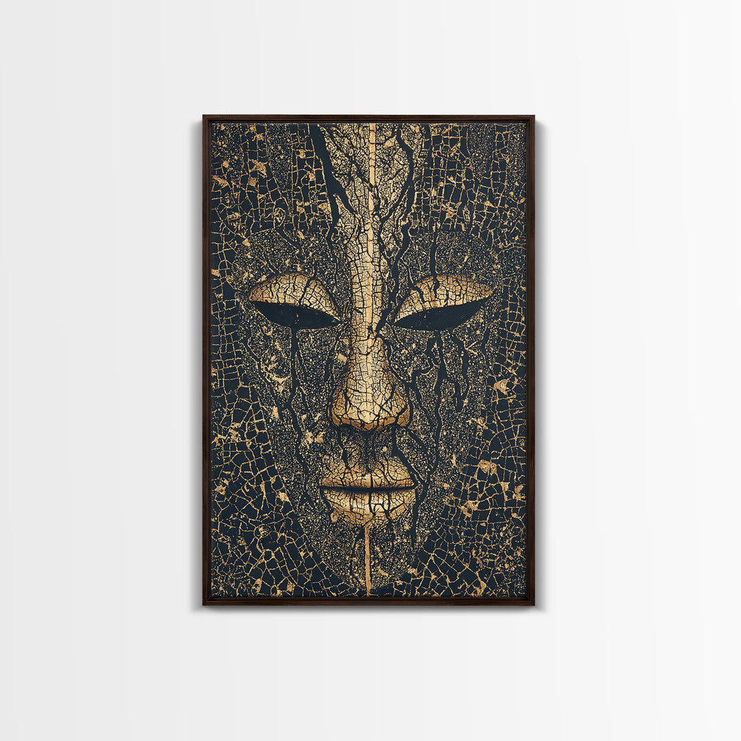 Cracked Gold African Mask Face Canvas Print, Abstract Tribal Portrait, Black And Gold Art, Afrocentric Wall Decor For Home