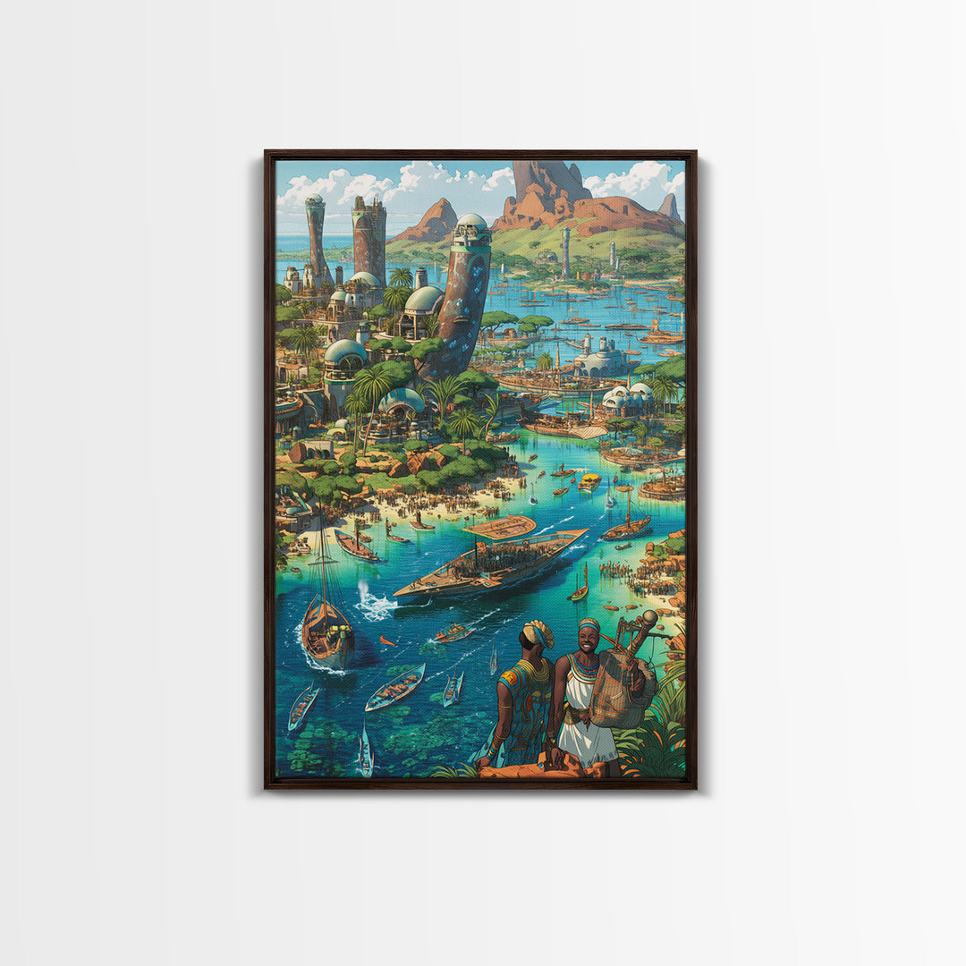 Afrofuturist Coastal African City With Boats Wall Art, African Art Prints, Afrocentric Decor, Vibrant Travel Poster, Living Room Decor