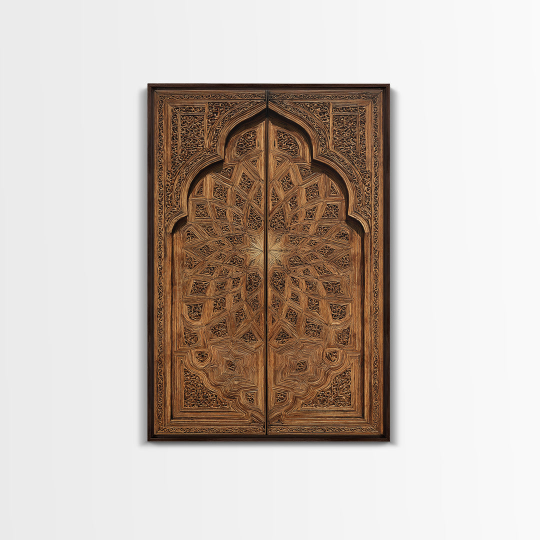 Geometric Moroccan Carved Wood Door Framed Canvas Print, African Wall Decor, Tribal Art Decor, Elegant Home Decor, Statement Piece