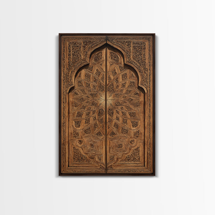Geometric Moroccan Carved Wood Door Framed Canvas Print, African Wall Decor, Tribal Art Decor, Elegant Home Decor, Statement Piece