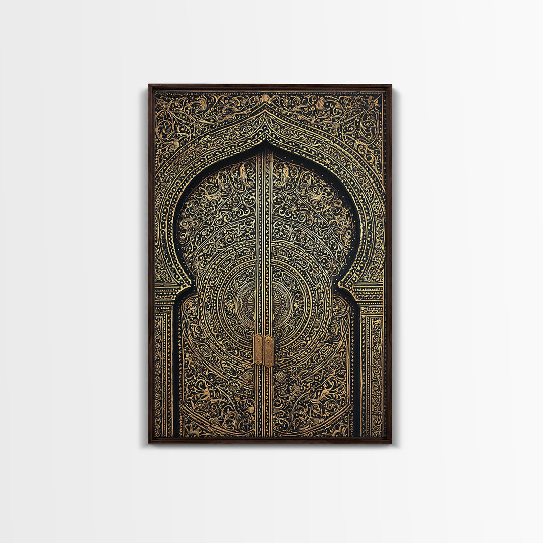 Black Gold Moroccan Mandala Door Framed Canvas Print, African Wall Decor, Luxury Canvas Art, Spiritual Home Decor, Statement Piece
