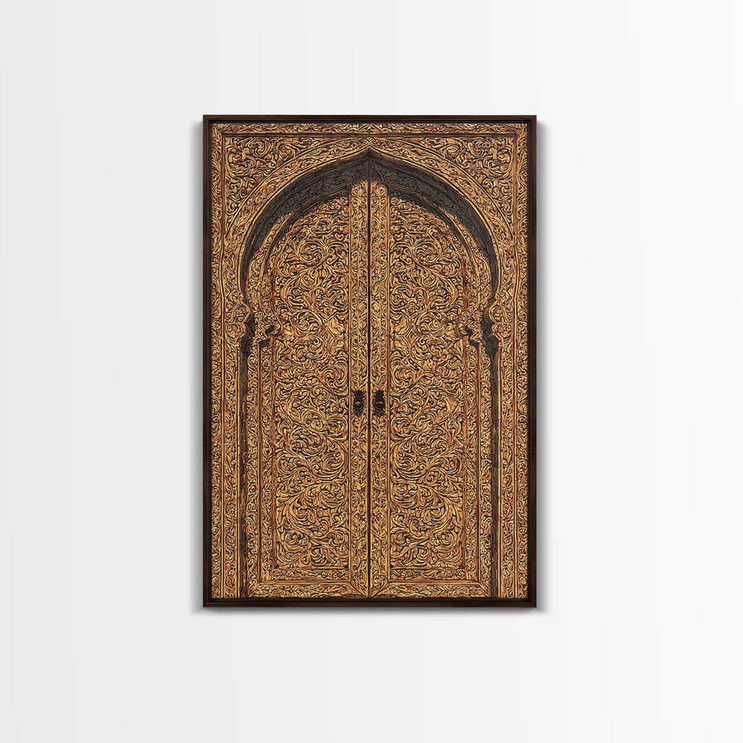 Golden Floral African Carved Door Canvas Print, African Art Decor, Elegant Home Decor, Bohemian Wall Decor, Wood Patterns