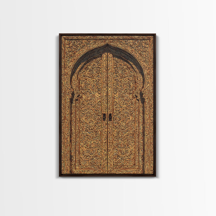 Golden Floral African Carved Door Canvas Print, African Art Decor, Elegant Home Decor, Bohemian Wall Decor, Wood Patterns