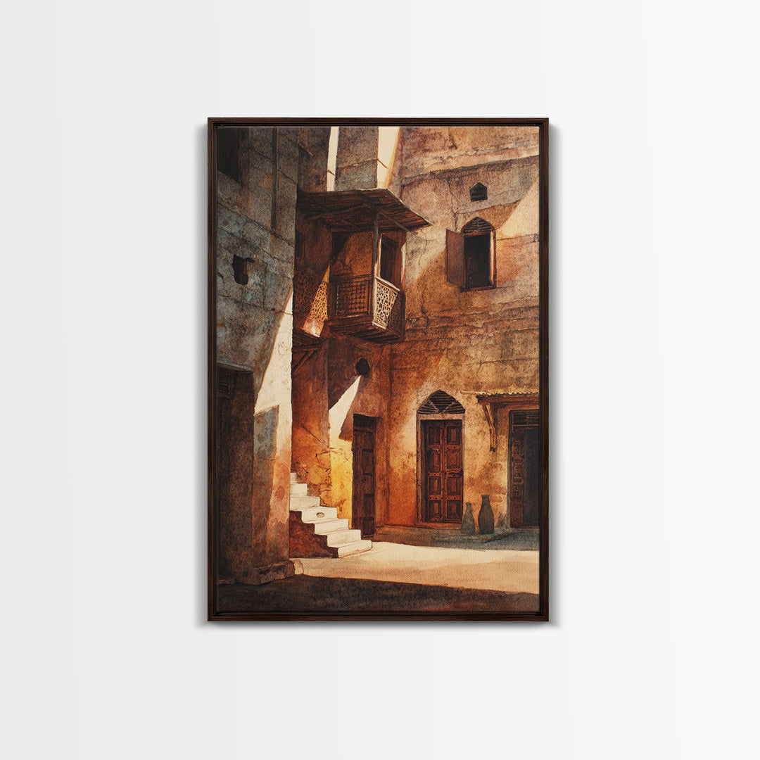 Sunlit African Stone Alley Framed Canvas Print, Moroccan Travel, African Architecture, Cultural Wall Decor, Rustic Home Decor