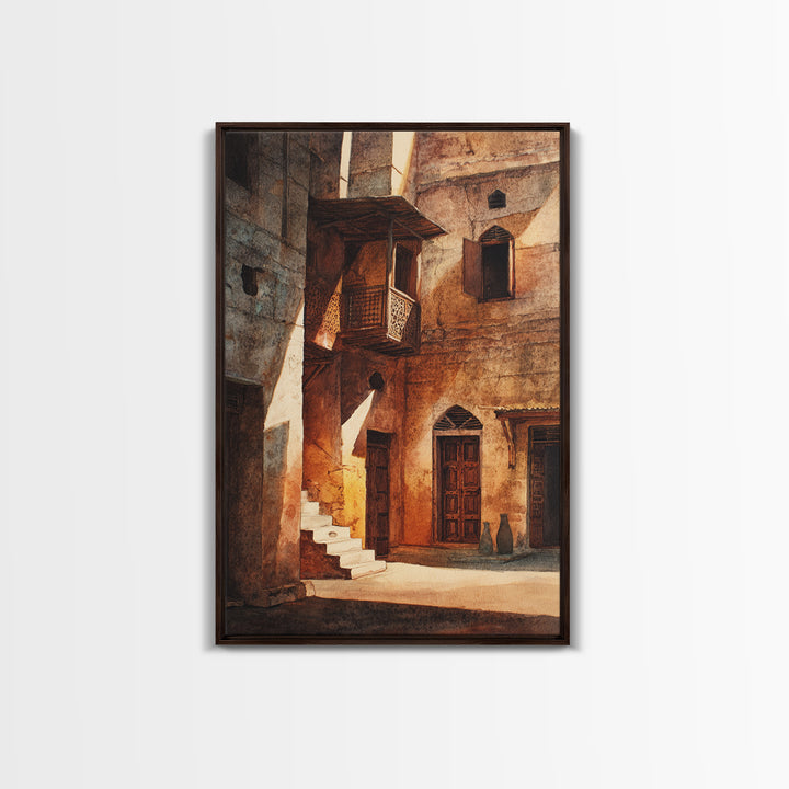 Sunlit African Stone Alley Framed Canvas Print, Moroccan Travel, African Architecture, Cultural Wall Decor, Rustic Home Decor