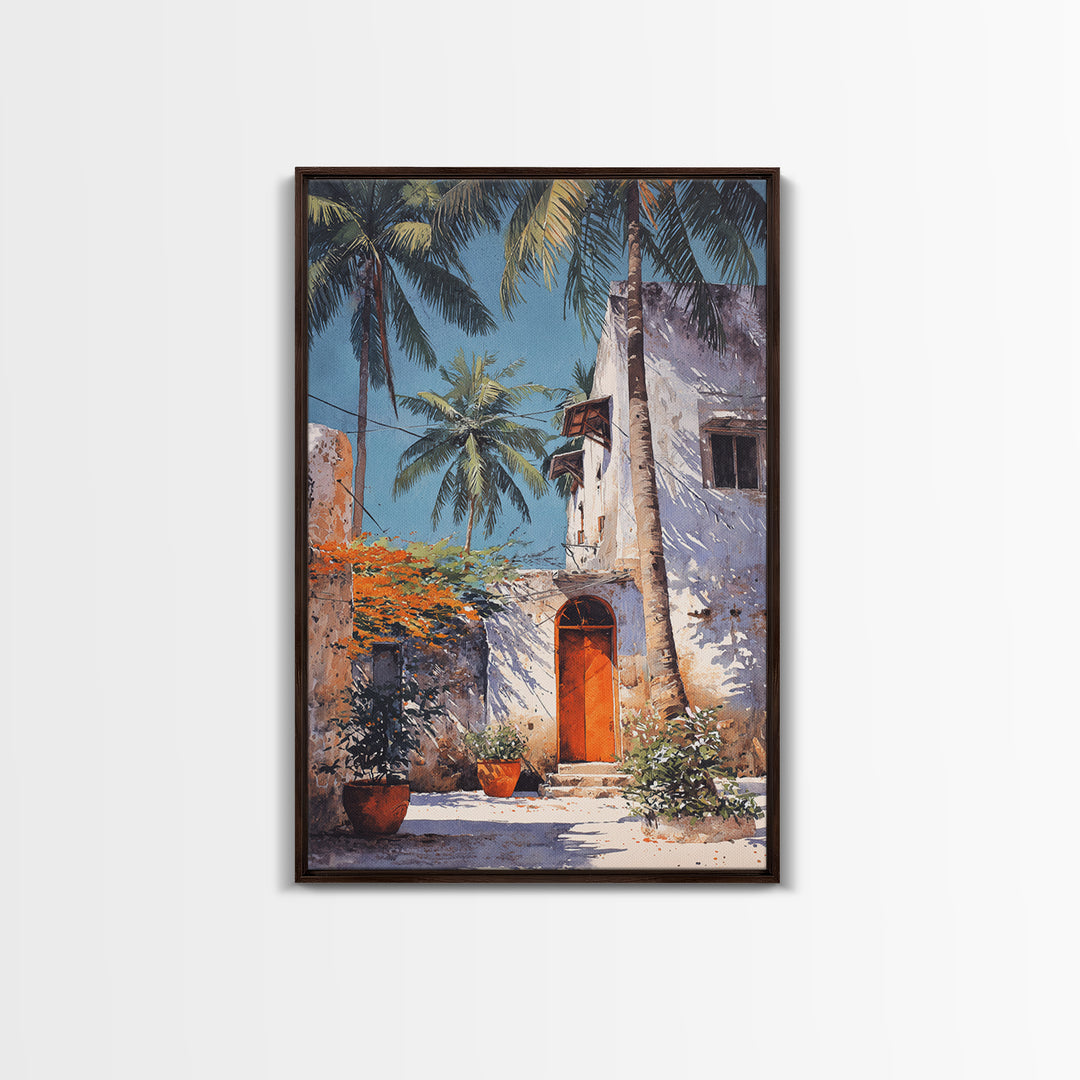 White Coastal African Courtyard Wall Art, Palm Tree Accent, Morocco Africa, Travel Poster, Bohemian Decor Art, Unique Wall Decor