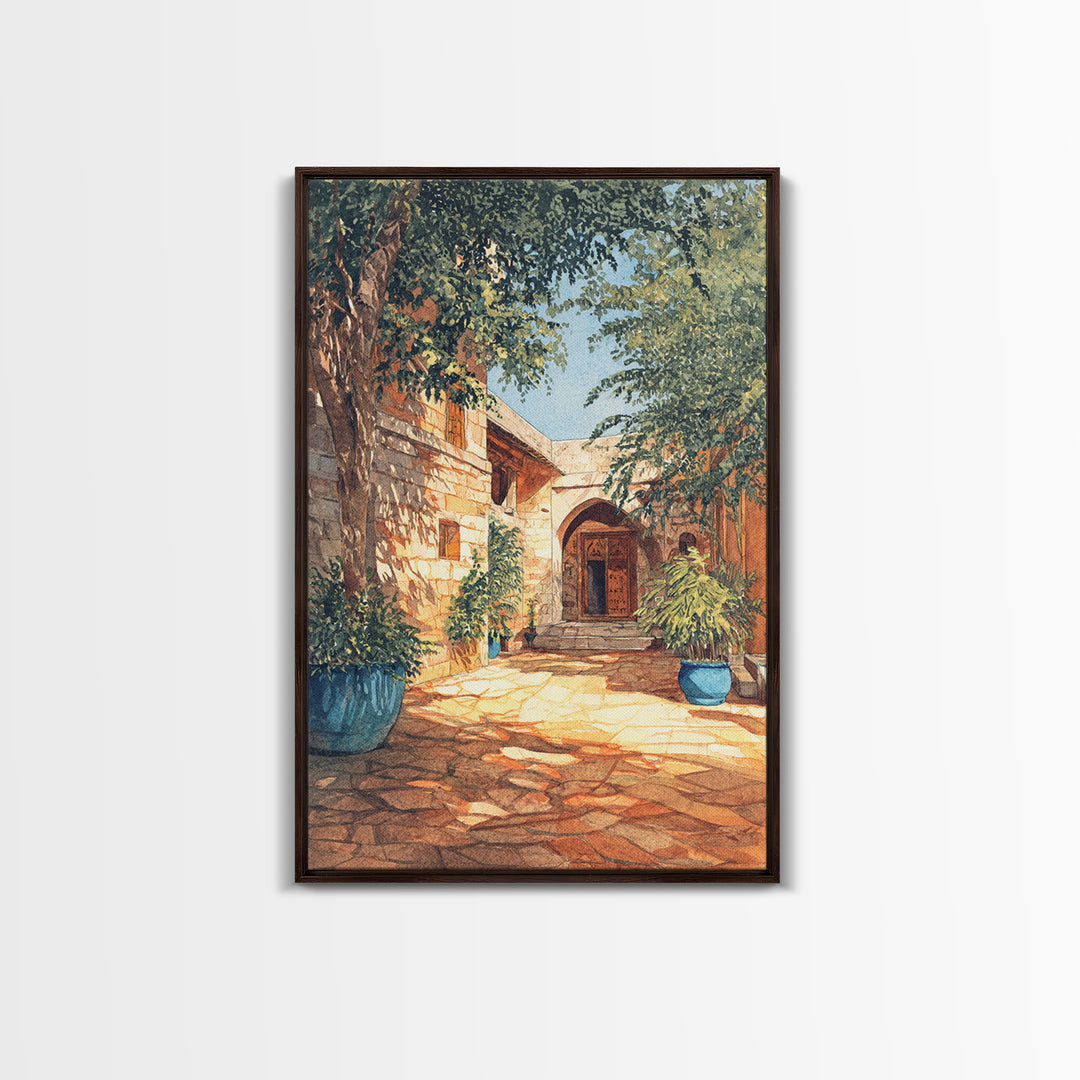 Leafy Stone African Courtyard Canvas Print, Elegant Home Decor, Cultural Wall Decor, Africa Painting, Living Room Decor Gift