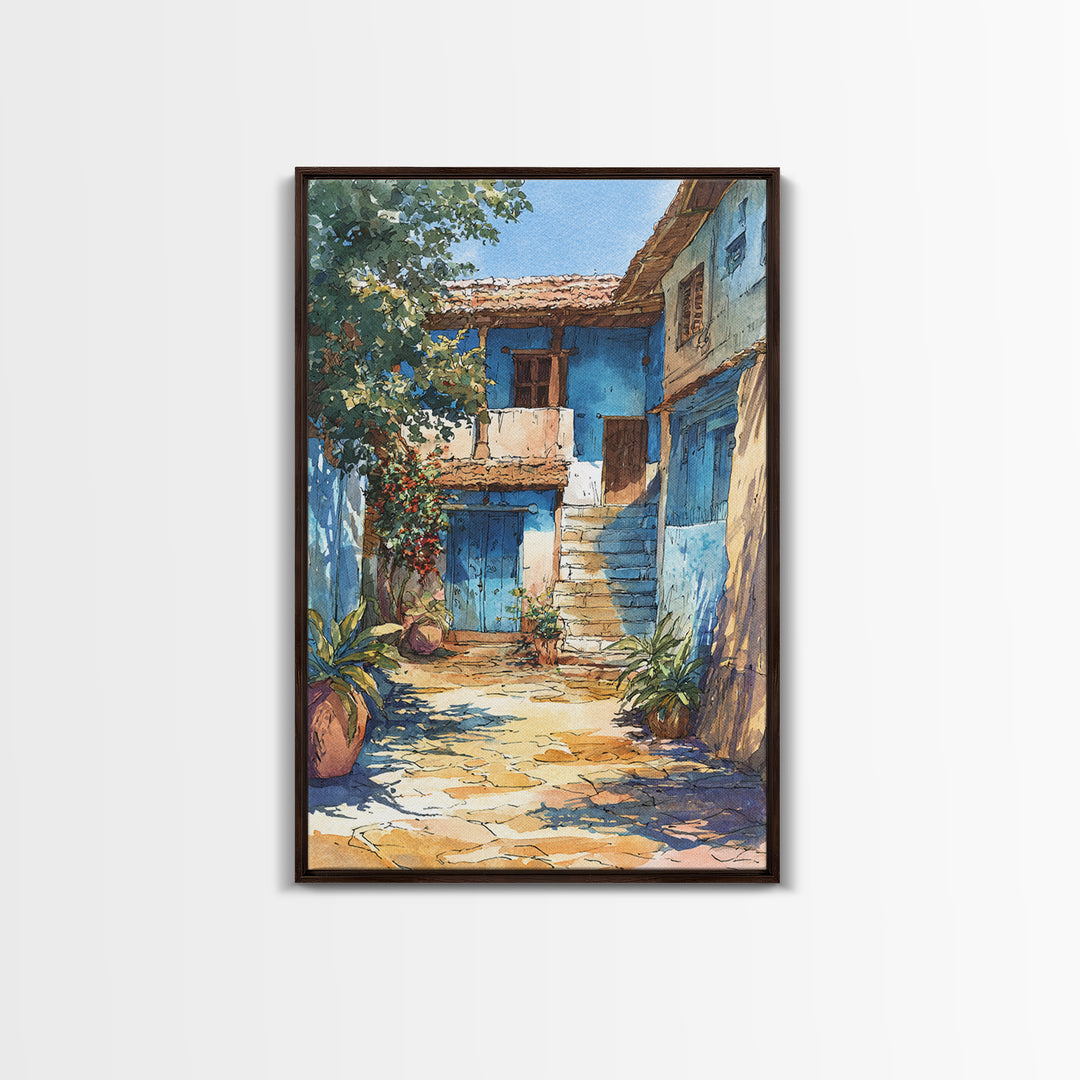 Blue African Village Courtyard Wall Art, Rustic Architecture, Africa Wall Decor, Travel Poster, Boho Home Decor, Unique Canvas