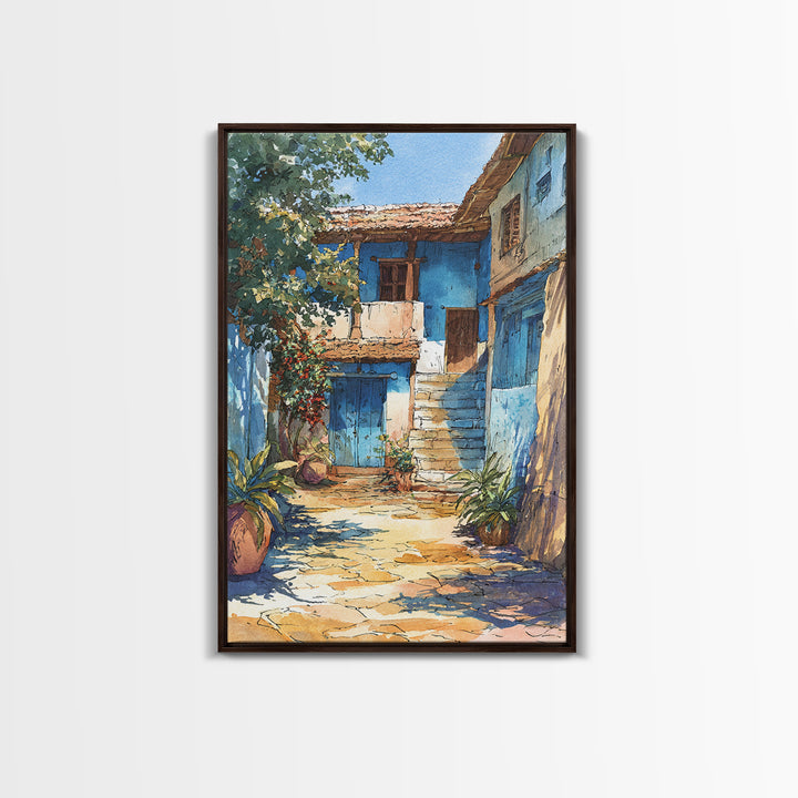 Blue African Village Courtyard Wall Art, Rustic Architecture, Africa Wall Decor, Travel Poster, Boho Home Decor, Unique Canvas
