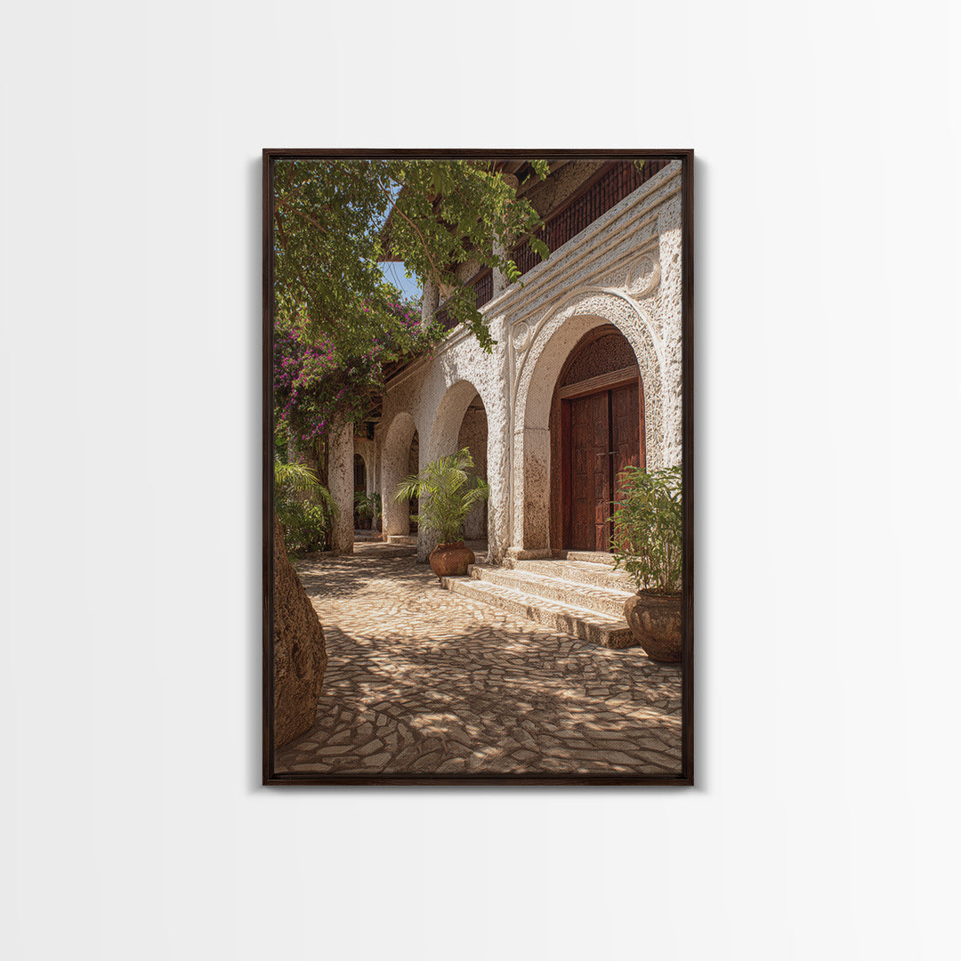 Arched African Veranda Courtyard Framed Canvas Print, Zanzibar Style, Cultural Home Decor, African Wall Decor, Statement Decor