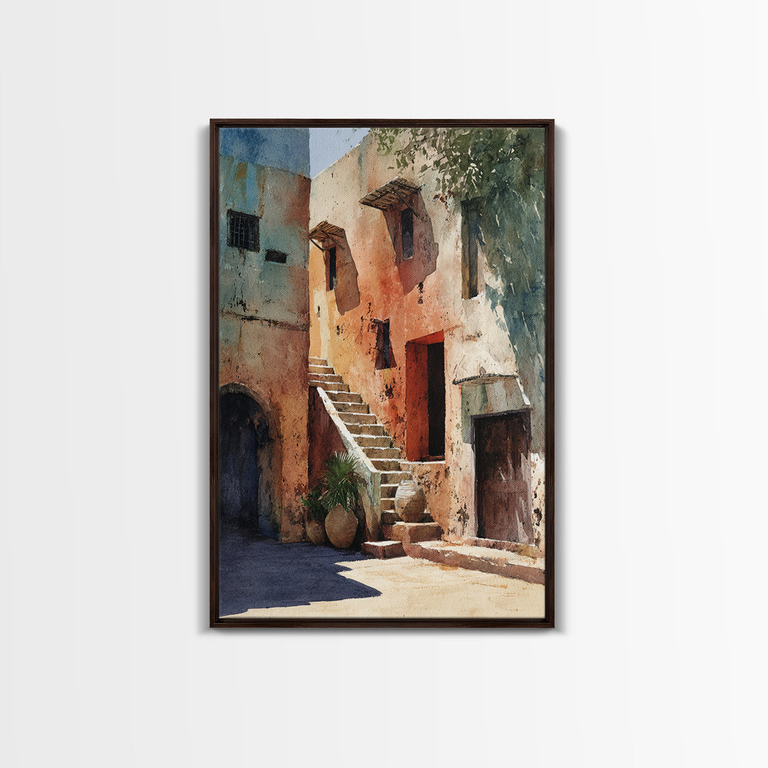 Sunlit Adobe African Alley Canvas Print, Terracotta Art Print, Rustic Decor, Cultural Wall Decor, Africa Painting, Unique Gift