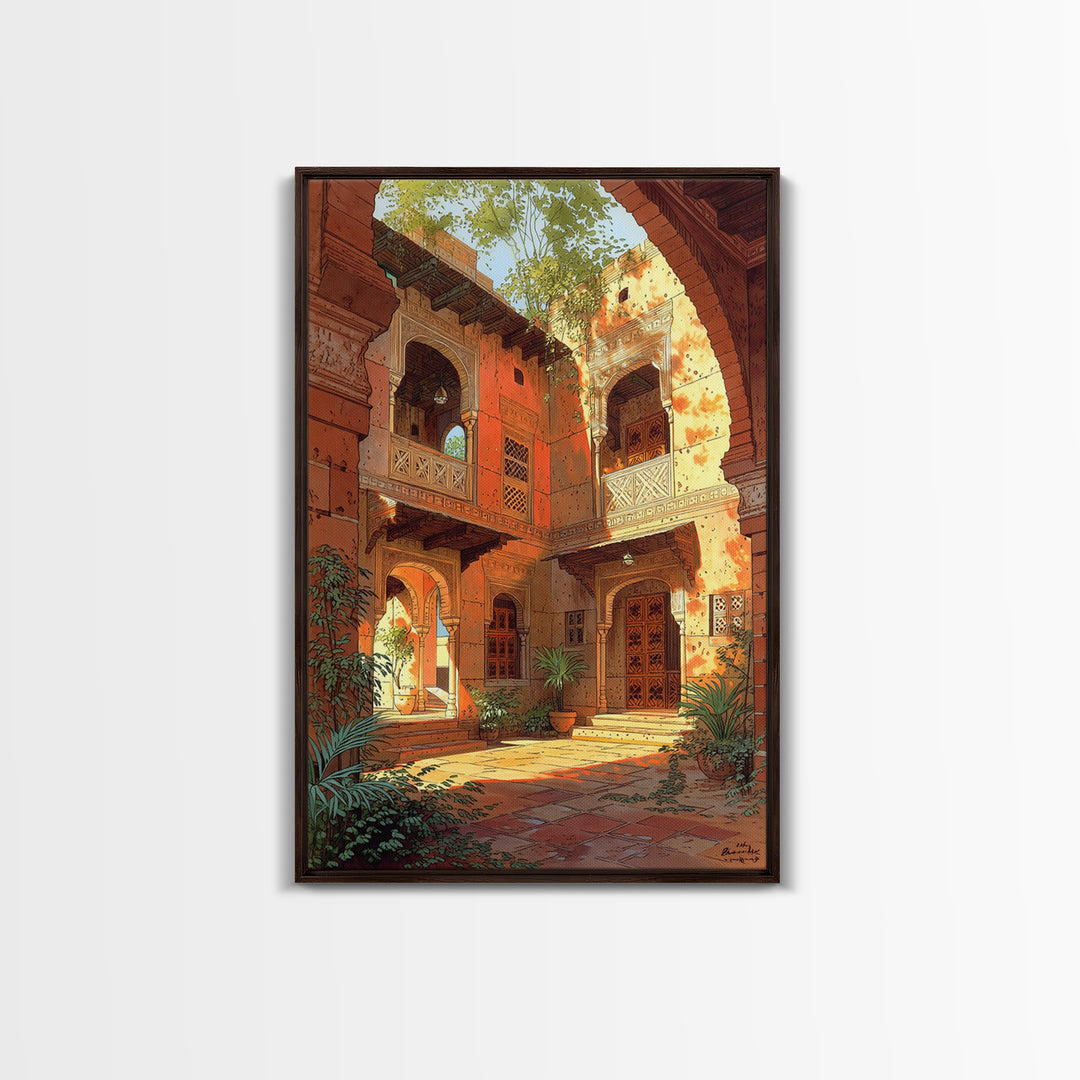 Sunlit Moroccan Courtyard With Arches Wall Art, African Inspired Home Decor, Terracotta Travel Poster, Boho Living Room Print
