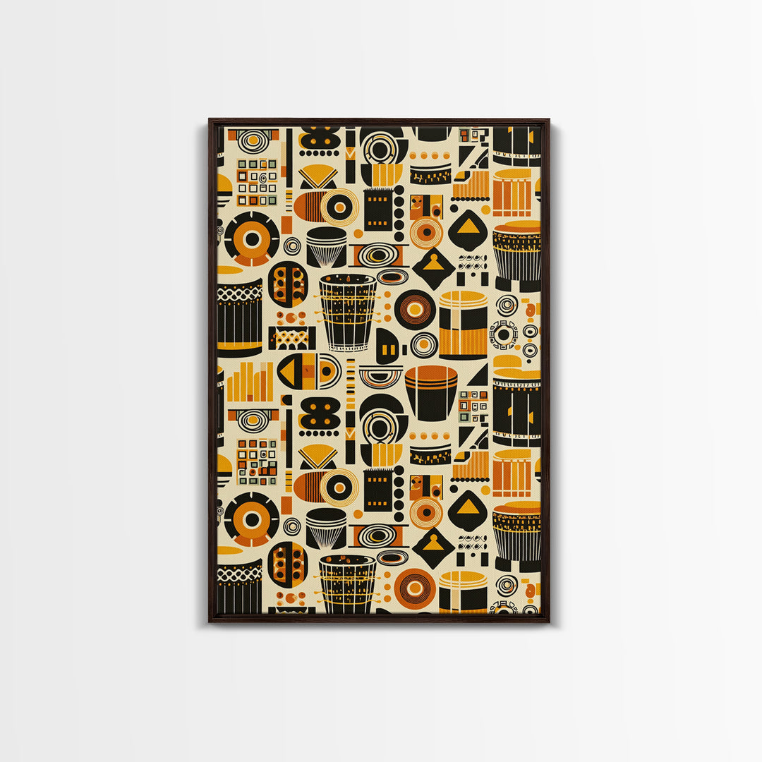 Bold African Drum Pattern Canvas Print, Tribal Textile Art, Orange Black Home Decor, Afrocentric Wall Decor Gift For Music Room