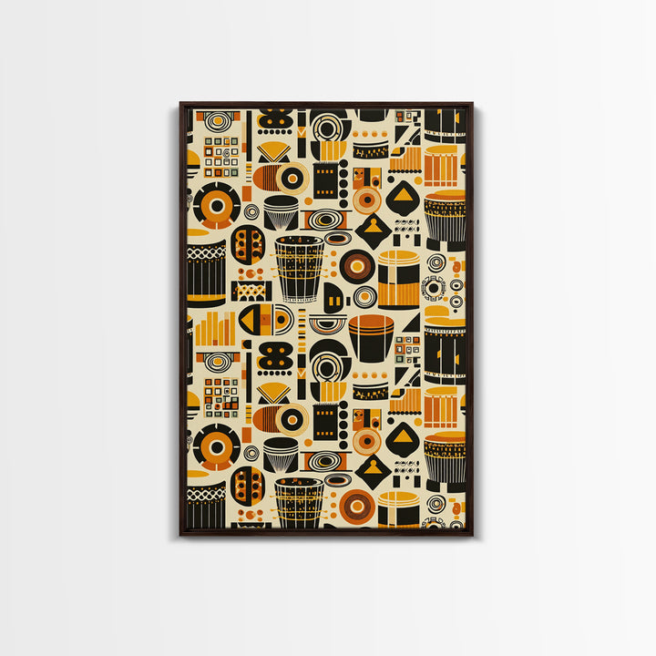 Bold African Drum Pattern Canvas Print, Tribal Textile Art, Orange Black Home Decor, Afrocentric Wall Decor Gift For Music Room