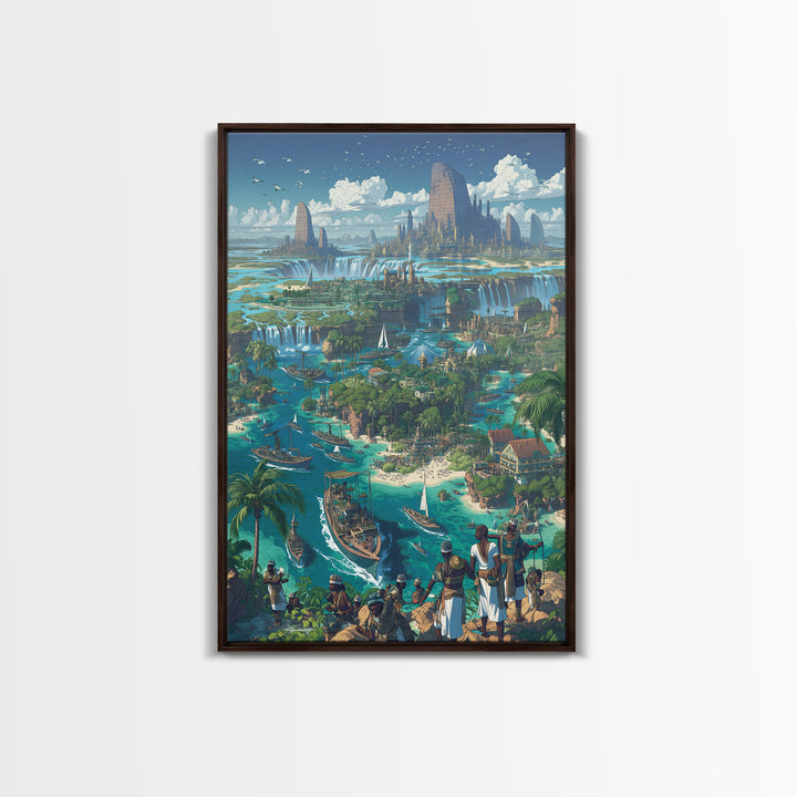 Afrofuturist Coastal Kingdom Wall Art, African Landscape Fantasy City, Blue Travel Poster, Modern Canvas Decor For Living Room