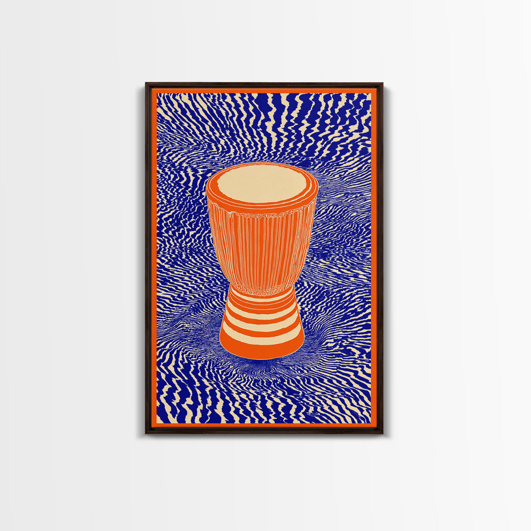 Orange Djembe Drum With Blue Waves Canvas Print, African Music Wall Art, Vibrant Tribal Decor, Bold Afrocentric Gift Print