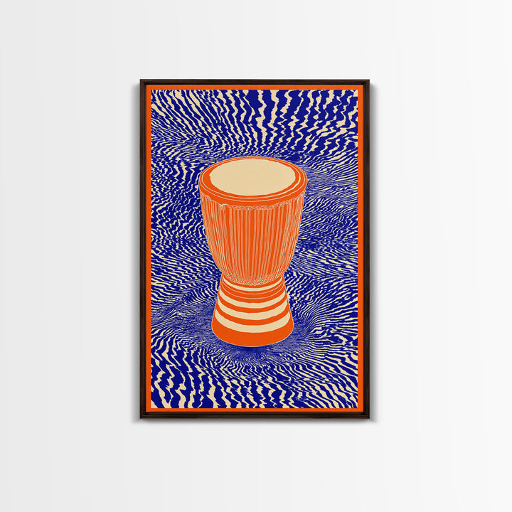 Orange Djembe Drum With Blue Waves Canvas Print, African Music Wall Art, Vibrant Tribal Decor, Bold Afrocentric Gift Print