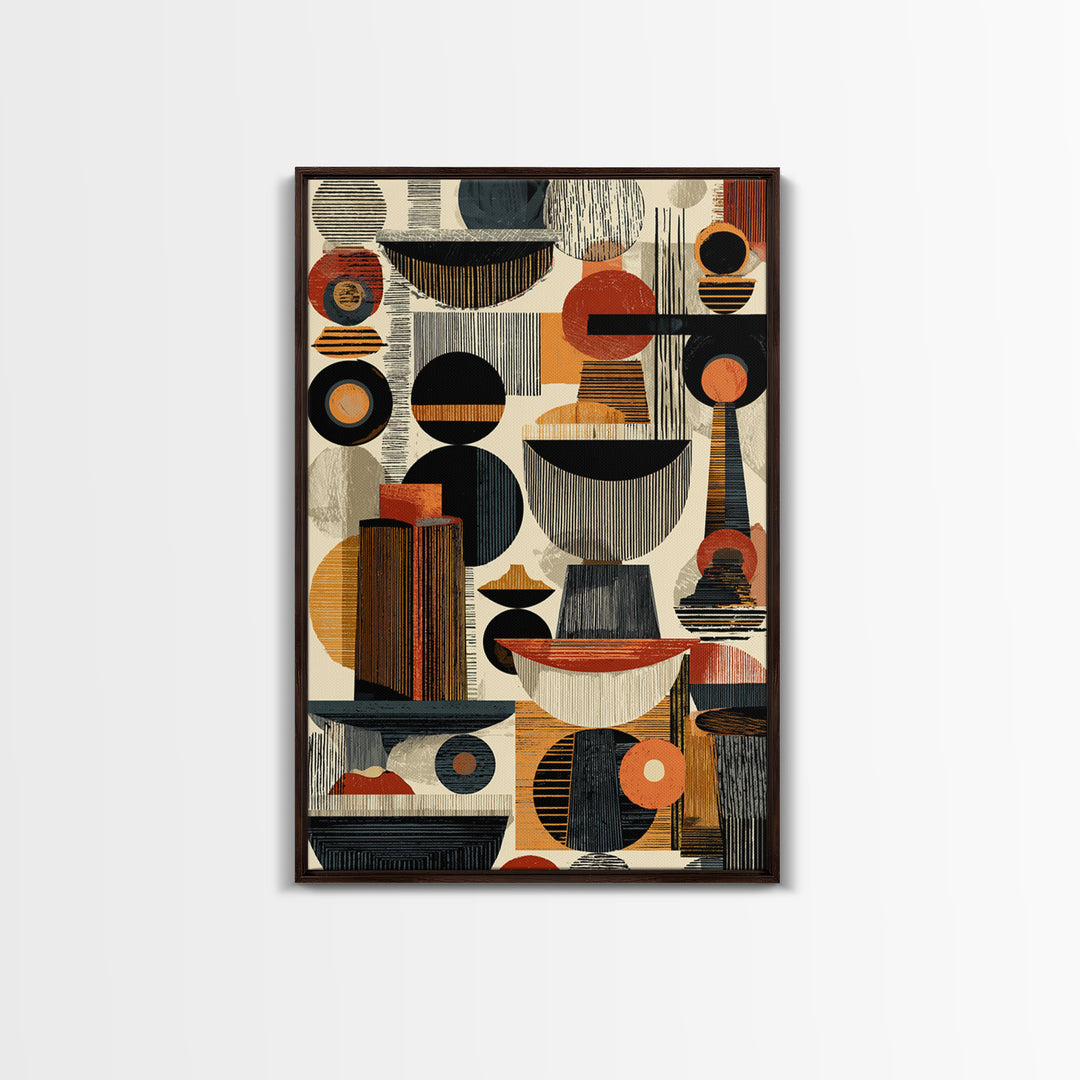 Midcentury African Abstract Shapes Wall Art, Terracotta Black Geometric Canvas Decor, Modern Tribal Home Decor Gift For Office